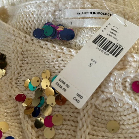 Anthropologie Lara ivory soft silky diamond pattern knit sequen accent sweater S - Picture 9 of 9